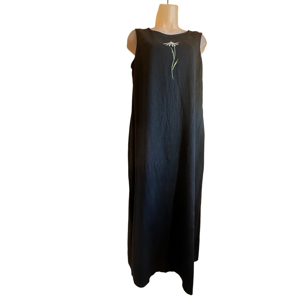 Black Linen Blend Vintage Daisy Embroidered Sleeveless Maxi Dress Size 12